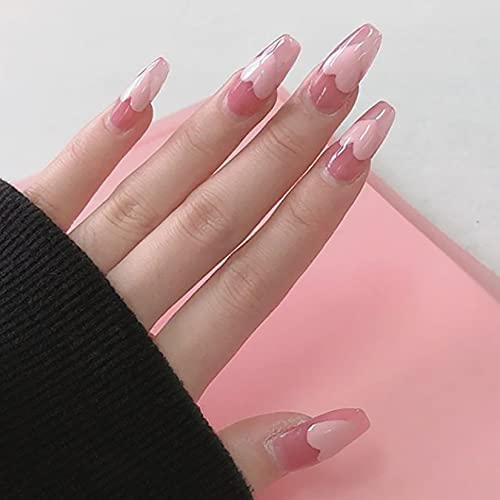 24 Pcs Glossy Press on Nails, Luvehandicraft Medium Coffin Fake Nails, False Nails with Glue for Women and Girls (Glossy-Pink Heart 2)