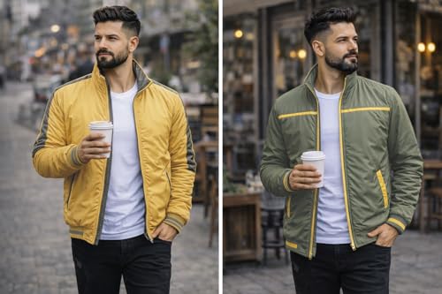 Image of Ben Martin Men's Stylish Reversible Bomber Jacket || Mustard & Olive Jacket For Men || Lightweight Nylon Winter Jacket with Ribbed Cuffs || Casual & Smart Winter Wear || Double Sided Winter Jackets.