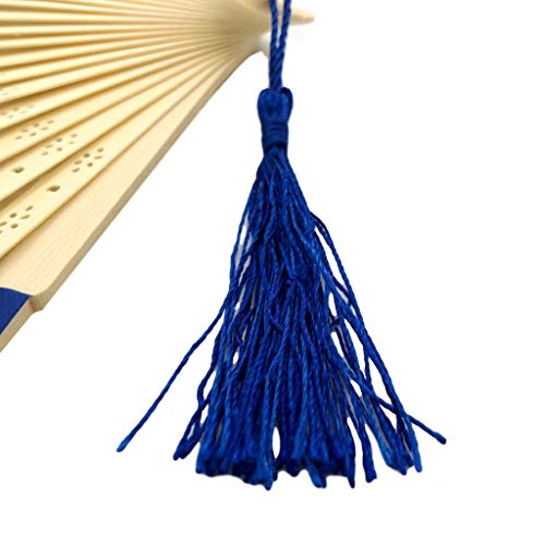 Image of Fabric Handheld Folding Hand Fan With a Tassel Grade A Bamboo Ribs for Women Girls Summer Party Event Favor Birthday Wedding Souvenir Gift (Royal Blue)