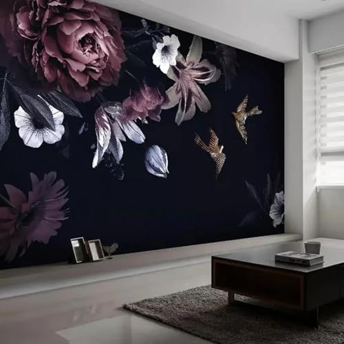 WEITAOSM Mural de pared de fondo con diseño de planta, peonía, flor, lirio, pájaro, pintado a mano, moderno en 3D