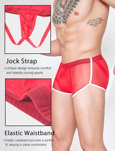 FEOYA Men's Sexy Underwear with Bulge Pouch See Through Mesh Trunks Boxer Briefs Low Rise Jockstrap Short Leg Underpants3