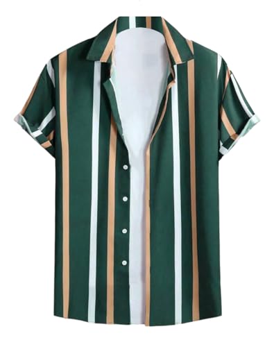 Image of LAMBOO Men's Premium Branded Fabric Striped Print Stretchable Fabric Slim Fit Half Sleeve Cut Away Collar Casual Wear Shirt(in, Alpha, XL, Regular, Green)