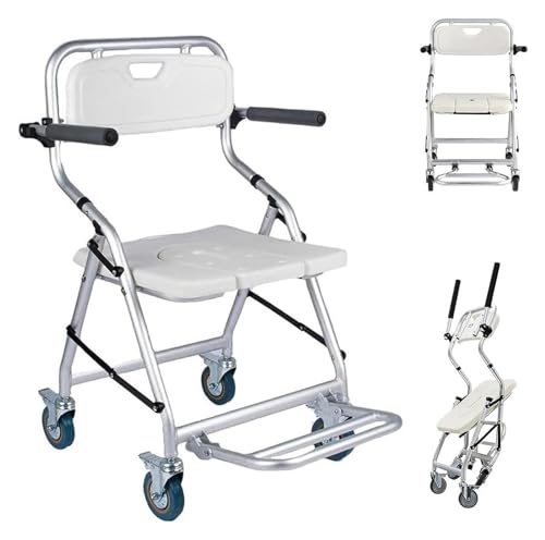 Silla móvil para baño, altura ajustable, aleación de aluminio, silla plegable para personas mayores, silla de ducha, cubeta para inodoro, silla de transporte con frenos en 4 ruedas (360°)(A)
