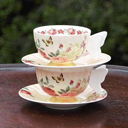 Gracie Bone China Peach Butterfly Rose Teacup And Saucer 7-Ounce With Hand Crafted Butterfly Handles (Set Of 2) #TOP1