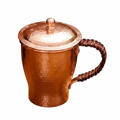 KiBcsLic 2 Piezas Taza de Cobre Grueso Taza de Cobre Martillada Paredes Gruesas Vajilla para Ritual Del Té, Taza De Agua De Cobre Martillado A Mano Con Asa Trenzada Y Tapa, 150 Ml