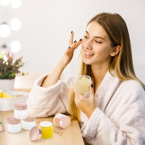 16 Pack 2 OZ Frosted Glass Jars, Empty Sample Cream Jar with Screw Lids & Inner Liners, Reusable Cosmetic Container for Body Scrubs, Lotion, Powder, Ointment, Makeup, Moisturiser, DIY Crafts 7