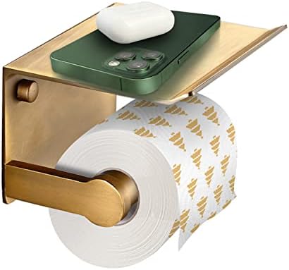 LuDoDo Gold Toilet Paper Holder with Phone Shelf,Toilet Paper Roll Holder with Storage Shelf,Wall Mounted for Bathroom with Screws,Antique Brass