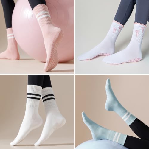 Image of Toes Home Pilates Socks for Women with Non Slip Grippers, Yoga Crew Socks for Barre Hospital Sticky Slipper Socks 4 Pairs