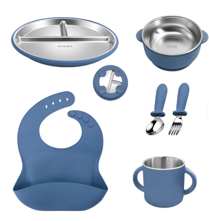 Baby Esslern Set aus Silikon & Edelstahl 304 | BPA-frei | Teller, Schüssel, Becher mit Griffen, Löffel, Gabel & Lätzchen | Herausnehmbarer Edelstahleinsatz (Blau)