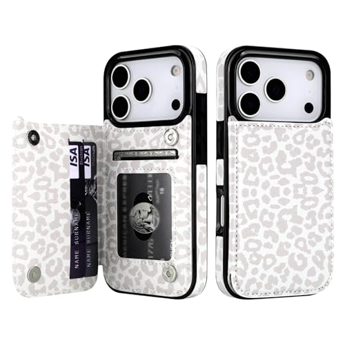 HAOPINSH Wallet Case with Card Holder for iPhone 17 Pro White Leopard Cheetah Pattern Back Flip Folio PU Leather Kickstand Card Slots Case for Women Double Magnetic Clasp Shockproof 6.3