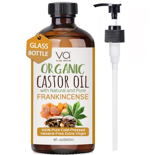 VITAL AFFAIR Organic Castor & Frankincense Oil Blend - 100% Pure and Natural Cold Pressed Unrefined Glass Bottle Castor and Frankincense Oil For Face & Hair Growth - 8oz
