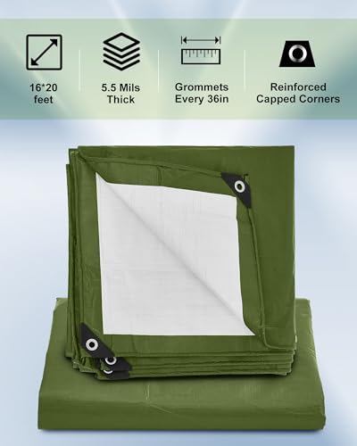 SmoothNovelty 1 Pcs Large Waterproof Tarp 16 x 20 ft Heavy Duty 5.5 Mil Thick Poly Tarpaulin with Grommets Multipurpose Protective Cover for Summer Home Boats Cars Camping RV Pool Tent