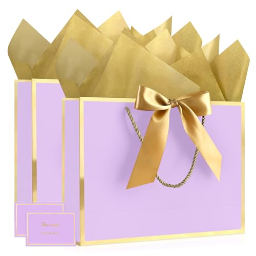Image of JMANNI Gift Bags with Handles, 13 inch Medium Gift Bags with Tissue Paper | 2 Pcs Light Purple Bags, 4 Tissue Paper and 2 Cards, for Baby Shower, Wedding Bridal Shower, Birthday Party
