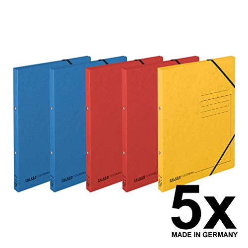 Original Falken 5er Pack Ringhefter mit Gummizug. Made in Germany. Aus extra starkem Colorspan-Karton 2 Ring-Mechanik DIN A4 Füllhöhe 14 mm farbig sortiert Ring-mappe Ringbuch Hefter