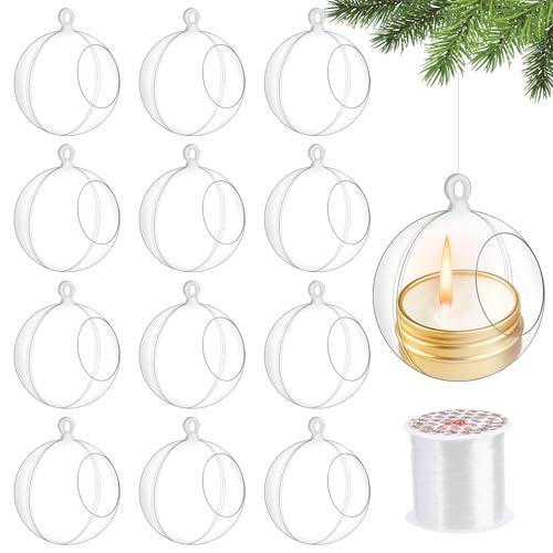 12 Pcs Hanging Globe Tealight Holders Acrylic Fillable Ball Ornaments Clear Plastic Terrarium Globe Hanging Tea Lights Candle Holder with Fishing Line for Christmas Party Wedding Centerpiece