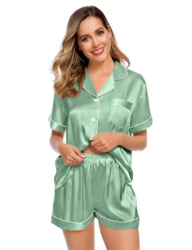 Image of LecGee Womens Silk Satin Pajamas Short Sleeve Loungewear Two-Piece Sleepwear Button-Down Pj Set Avocado Green X-Large