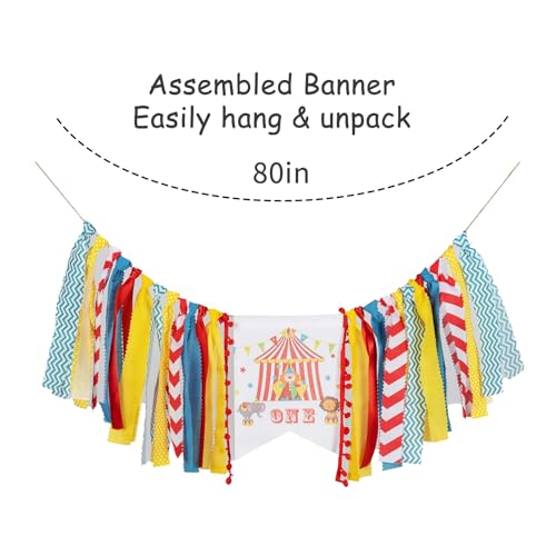 Image of Circus Carnival First Birthday Highchair Banner - Pre-strung Reusable Burlap & Satin Garland for Cake Smash Photos, Boys & Girls 1st Birthday Party Decor