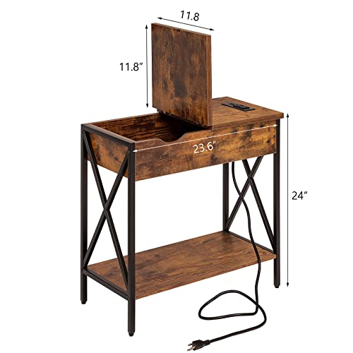 Weenfon Side Table With Charging Station, 2 Tiers Flip Top Narrow Side Table With 2 Usb Ports And 2 Outlets, Nightstand With X-Shaped Metal Legs,Side Tables Living Room, Rustic Brown And Black #TOP2