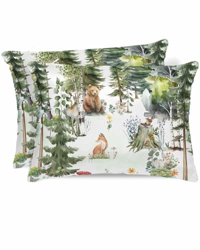 Vertdecor Funda de almohada de satén de animales para el cabello y la piel, diseño de oso salvaje, ciervo, conejo, zorro, seda, tamaño estándar con cremallera, paquete de 2 fundas de almohada súper