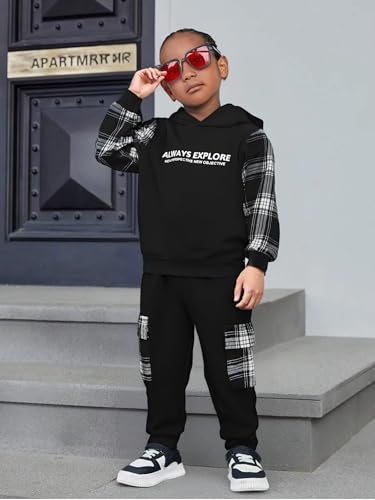 Image of OLMRJKD Toddler Baby Boy Clothes Plaid Long Sleeve Hoodie Sweatshirt + Pants 2pcs Boys Outfit Set