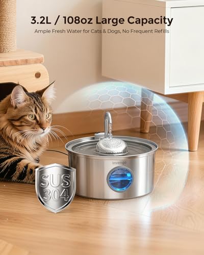 Invengo Katzenbrunnen Edelstahl, 3.2L Ultra-Leiser Trinkbrunnen für Katze mit Wasserstandsanzeige und 5-Fach Filtersystem - Haustierbrunnen für Katzen und Kleine Hunde, Inklusive 4 Ersatzfiltern