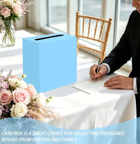 Image of SietDESEO Light Blue Card Box for Graduation Large Cardboard Gift Card Box Holder for Wedding Reception Birthday Graduation Baby Shower Raffle Ticket Box with Slot