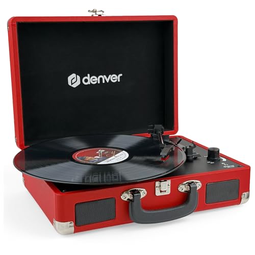 Denver VPL‑120R Kofferplattenspieler Rot – Retro Plattenspieler mit Lautsprecher, USB Vinyl Player zum Digitalisieren, Auto‑Stopp, Schallplattenspieler Vintage mit RCA‑Ausgang