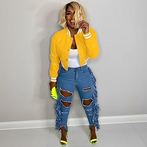 Image of Mintsnow Womens Varsity Jacket Long Sleeve Button Down Bomber Jackets Casual Baseball Uniform Streetwear