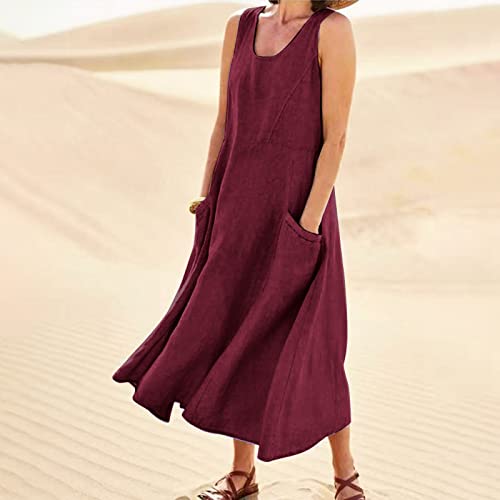 Plus Size Cotton Linen Summer Dresses for Curvy Women 2025 Sleeveless Maxi Vacation Beach Sundresses with Pockets