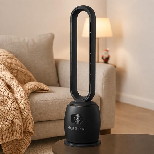 JSH 34 Bladeless Hot & Cool Tower Fan | 2000W Quiet Indoor Oscillating Home Office Bedroom Heat & Air Cooler | Remote Control 12H Timer 3 Speeds Anti Tip & Overheat Protection (Black)