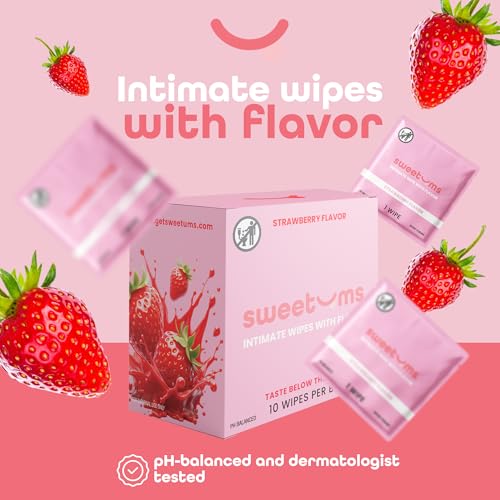 Image of Sweetums Feminine Wipes For Women, Individually Wrapped - pH Balanced Flavored Intimate Wipes - Pack of 10 (Strawberry)