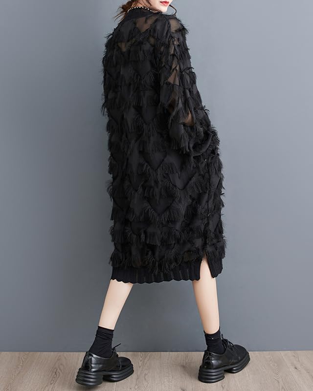 ellazhu Women's Dress Long Sleeve Oversize Split Hem Mesh Midi Length Tassel Solid GZ634 A - Image 5