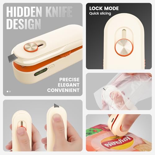 Image of 2-in-1 Mini Bag Sealer with Knife, Rechargeable Heat Sealer, 3 Modes for Light /Medium /Heavy Bags, Portable Snack Sealer