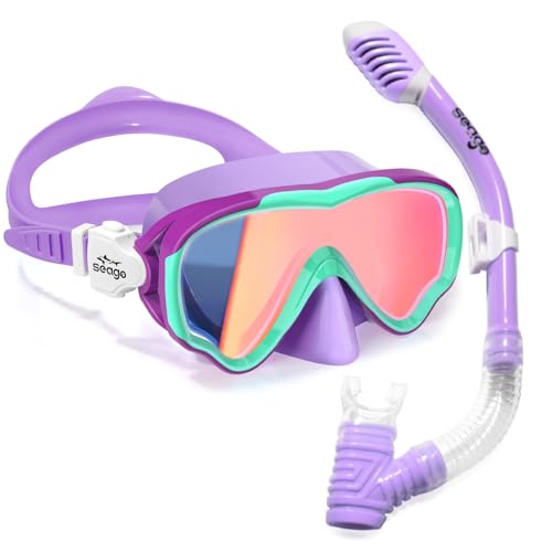 Seago Kids Snorkel Set Dry Top Snorkel Mask Snorkeling Gear for Kids Boys Girls Youth Comfy Mouthpiece Anti-Fog 180 Panoramic View No Leak Scuba Diving Swim Pool Equipment Snorkeling Set