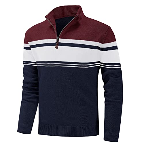 KEFITEVD Quarter Zip Jumper Men Long Sleeve Thremal Pullover Sweater Casual Smart Striped Work Jumpers Navy Wine Red L