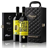 «Que seas tan feliz que no sepas si vives o sueñas» Mensaje en una Botella. Estuche-Maletín de LUJO 2x Vino Tinto Premium Reserva 12 Meses y Set de 4 Accesorios. Etiqueta Amarilla PERSONALIZABLE