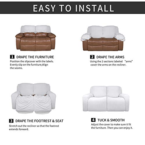 Image of Easy-Going 6 Pieces Microfiber Stretch Sectional Recliner Sofa Slipcover Soft Fitted Fleece 2 Seats Couch Cover Washable Furniture Protector with Elasticity for Kids Pet(Recliner Loveseat,Snow White)