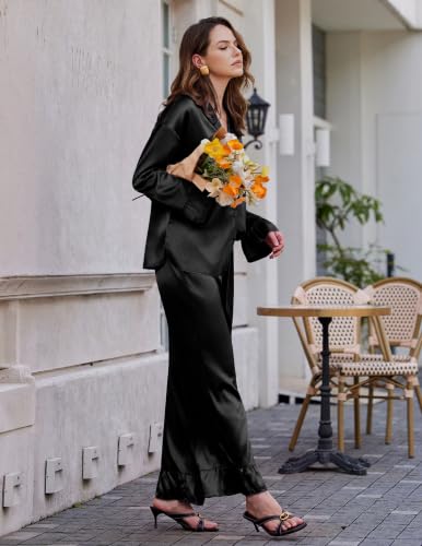 Ekouaer Satin Pajamas for Women Silk Pjs Long Sleeve Lounge Set with Ruffle - image 7
