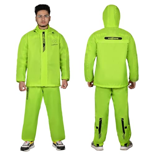 Image of Allextreme Waterproof Riding Jacket Rain Cover Set with Pant & Hood | Lightweight Adjustable Raincoat Top & Bottom Suit for Bike Riders Men & Women | Durable Windproof Rainwear (S, Neon Green)