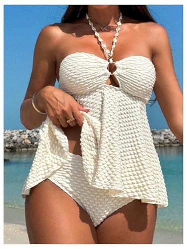 OYOANGLE Women's Tankini Bathing Suit Two Piece Textured Ring Linked Halter Swimsuit Beachwear3