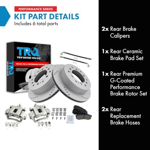 Image of TRQ Performance Rear Brake Pad and Rotor Set Ceramic Slotted Drilled Rotors Calipers Compatible with 2003-2009 Lexus GX470