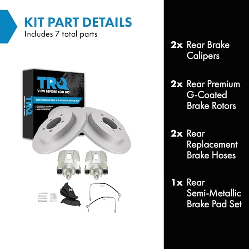 Image of TRQ Rear Brake Pad and Rotor Set Semi Metallic Coated Rotors Calipers Compatible with 2002-2005 Ford Explorer Mercury Mountaineer