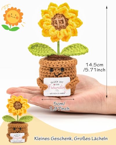 Kanzith Geschenke für Beste Freundin - Positive Sonnenblume Häkelpuppe mit Karte, Kleines Handgemachtes Geburtstag Ostern Valentinstag Freundschaft Geschenk, Schreibtisch Deko