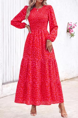 Image of PRETTYGARDEN Women's Fall Dresses 2026 Long Sleeve Flowy Casual Floral Maxi Dress Crew Neck Smocked Tiered Long Dress