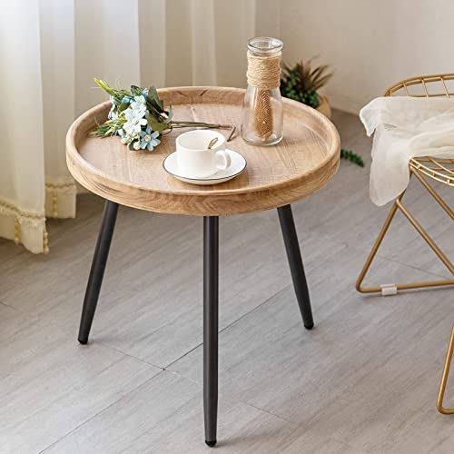 Lita Log Desktop Round Side End Table, Nightstand Tables, Indoor Outdoor Round Side Table, Wooden Tray Table With Black Metal Stand End Table For Living Room Bedroom Office Small Spaces (L) #TOP1