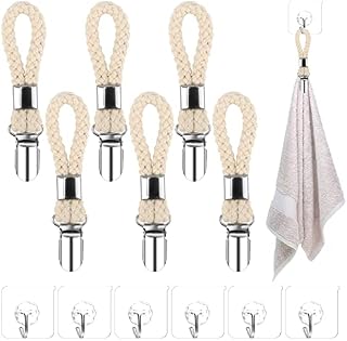 12Pcs Large Tea Towel Clip Hanging Metal Towel Clips Braided Cotton Loop Towel Clip Sturdy Hanging Clips with Transparent Wall Hanger Hook Tea Towel Storage Clip for Bathroom Kitchen Balcony