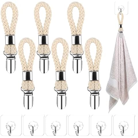 12Pcs Large Tea Towel Clip Hanging Metal Towel Clips Braided Cotton Loop Towel Clip Sturdy Hanging Clips with Transparent Wall Hanger Hook Tea Towel Storage Clip for Bathroom Kitchen Balcony Cover