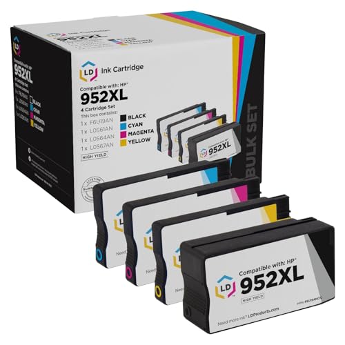 LD Products Ink Cartridges Replacements Compatible with HP 952XL High Yield (4 Set- Black, Cyan, Magenta, Yellow) Compatible with OfficeJet 7740, 8702, 8715 and Pro 7740, 8210, 8216, and 8218