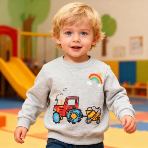 Dinopjs Klassischer Traktor Jungen Pullover, Baumwolle Sonnenschein Regenbogen Farm Sweatshirt, Kinder Graffiti Stil Sportshirts für Kinder, Grau