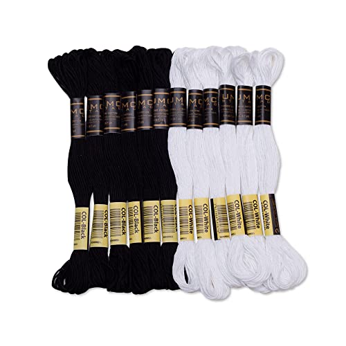UMC STAG 12 Pieces | Premium Embroidery Thread | 100% Egyptian Cotton Premium Skeins | Cross Stitch Embroidery Floss | Oeko TEX Certified Stranded Cotton (Black & White)